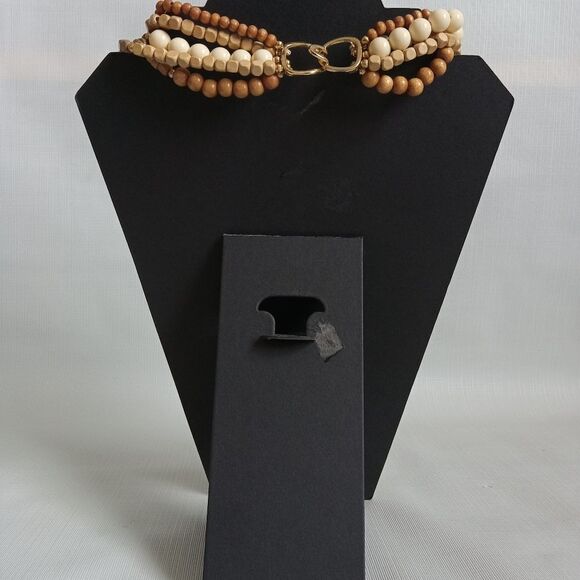 Vintage Tan & Beige Wooden & Metal Beads Multi Strand Layered Statement Necklace - Picture 2 of 9